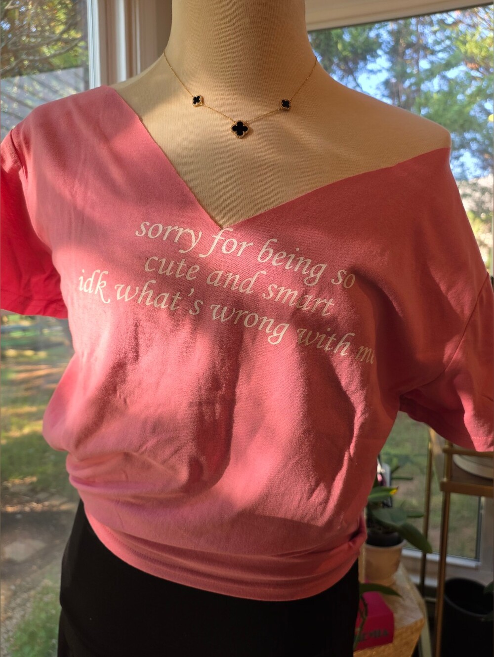 Women's Pink V-Neck Graphic Tee - 'Sorry For Being So Cute and Smart'